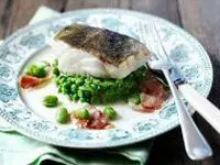 Pan-Fried Cod with Minted Peas, Broad Beans and Pancetta Recipe