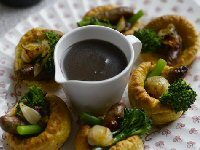 Yorkshire Puddings with Sausages, Broccoli and Shallot Gravy