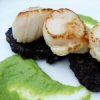 Pan Fried Scallops on Black Pudding with Pea & Mint Purée